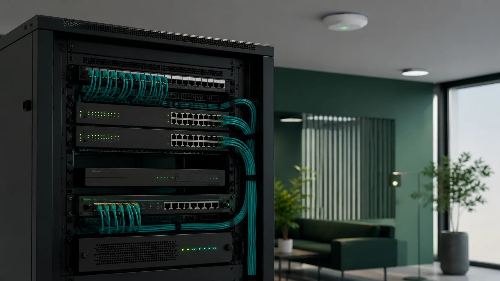 Rack de red empresarial con switches y cableado ordenado